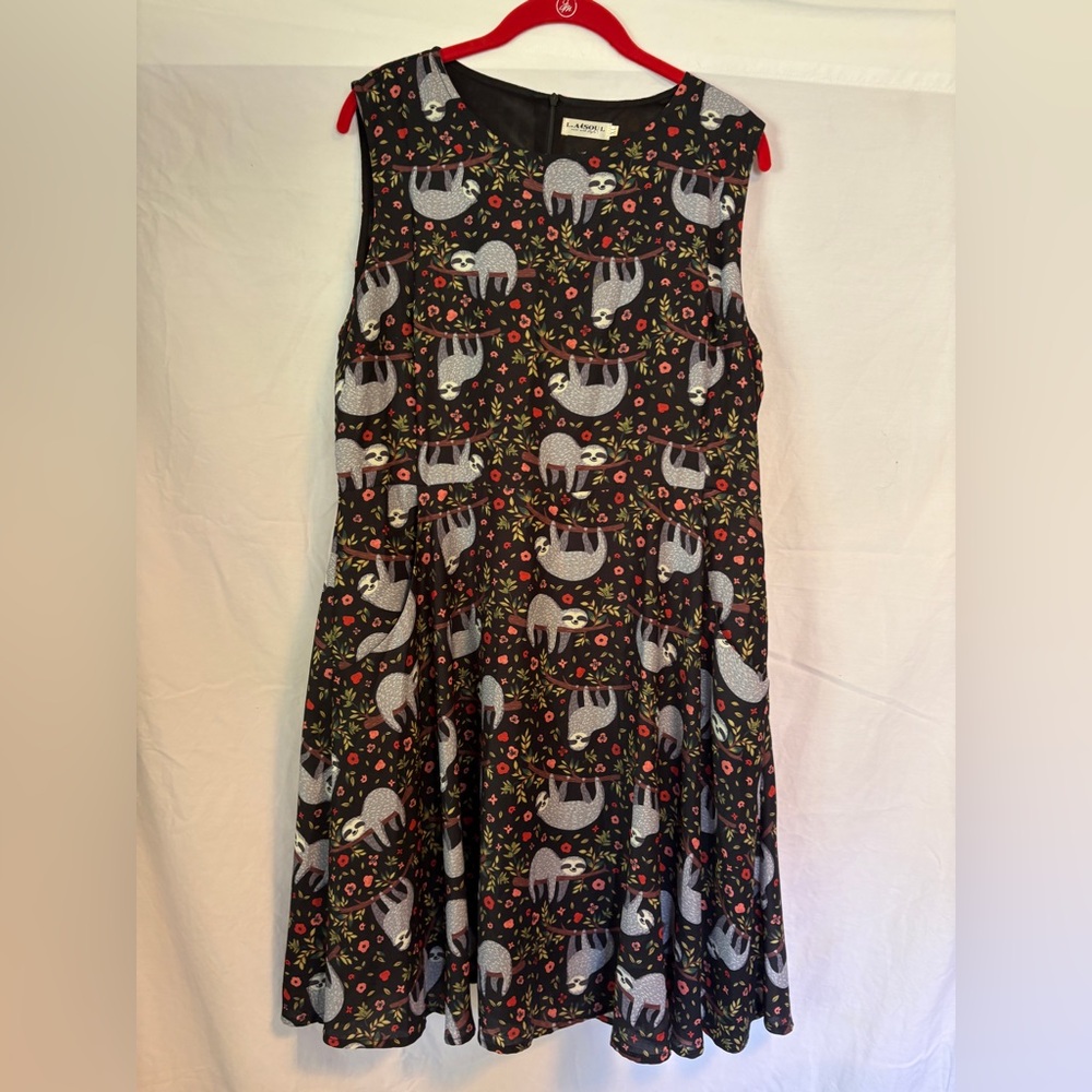 Whimsical Sloth Print Black Midi Dress